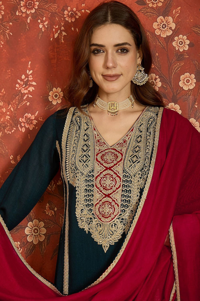 Turquoise Floral Embroidered Silk Palazzo Suit (ACB1716)