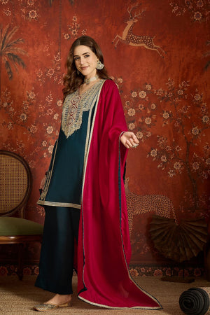 Turquoise Floral Embroidered Silk Palazzo Suit (ACB1716)