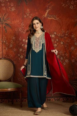 Turquoise Floral Embroidered Silk Palazzo Suit (ACB1716)