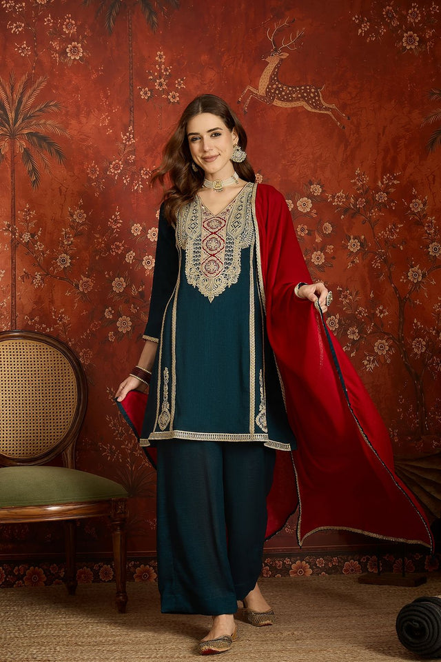 Turquoise Floral Embroidered Silk Palazzo Suit (ACB1716)