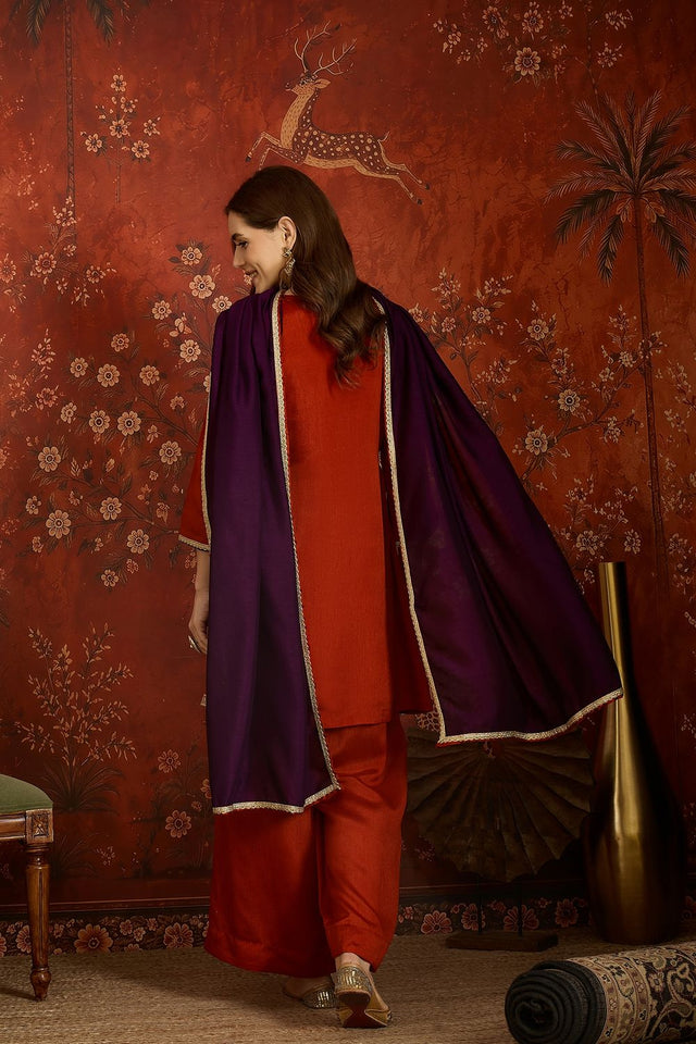 Rust Floral Embroidered Silk Palazzo Suit (ACB1717)