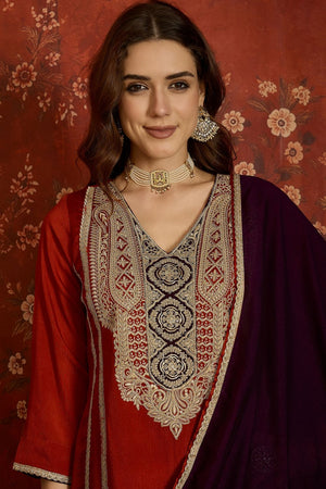 Rust Floral Embroidered Silk Palazzo Suit (ACB1717)