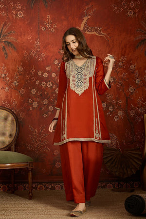 Rust Floral Embroidered Silk Palazzo Suit (ACB1717)