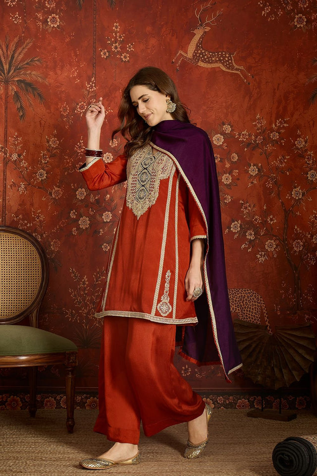 Rust Floral Embroidered Silk Palazzo Suit (ACB1717)