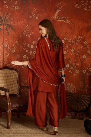 Rust Floral Embroidered Silk Palazzo Suit (ACB1718)