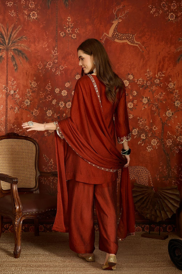Rust Floral Embroidered Silk Palazzo Suit (ACB1718)