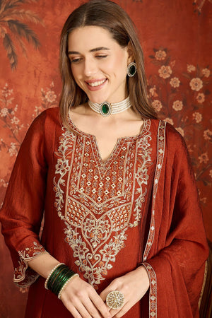 Rust Floral Embroidered Silk Palazzo Suit (ACB1718)
