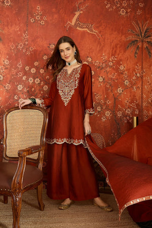 Rust Floral Embroidered Silk Palazzo Suit (ACB1718)