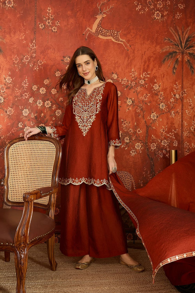 Rust Floral Embroidered Silk Palazzo Suit (ACB1718)