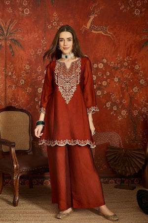 Rust Floral Embroidered Silk Palazzo Suit (ACB1718)
