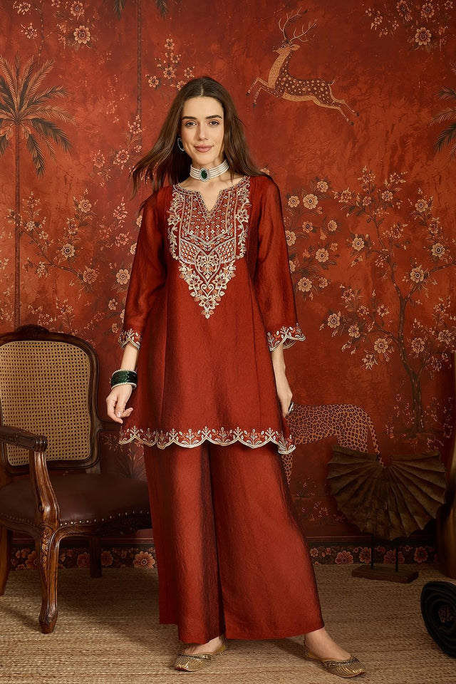 Rust Floral Embroidered Silk Palazzo Suit (ACB1718)