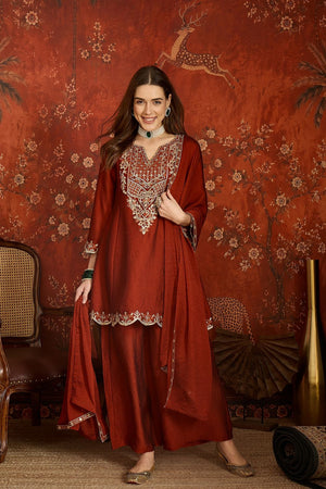 Rust Floral Embroidered Silk Palazzo Suit (ACB1718)