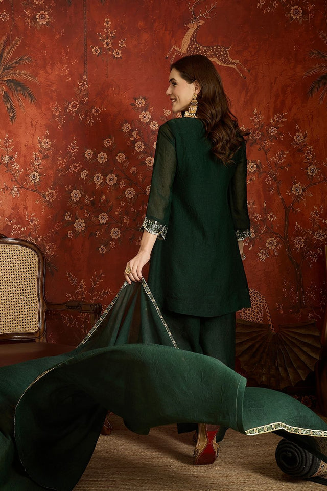 Green Floral Embroidered Silk Palazzo Suit (ACB1719)