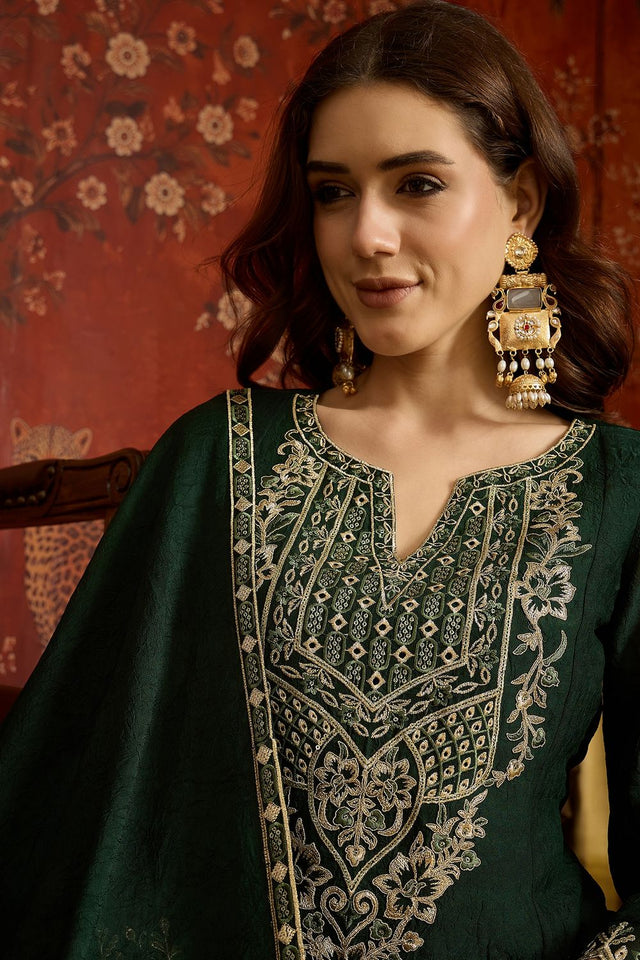 Green Floral Embroidered Silk Palazzo Suit (ACB1719)
