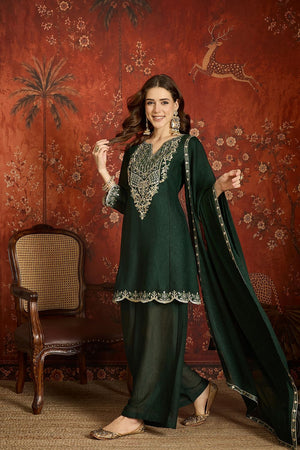 Green Floral Embroidered Silk Palazzo Suit (ACB1719)