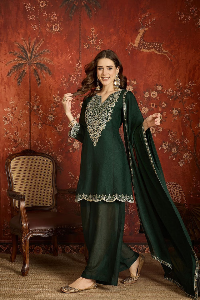 Green Floral Embroidered Silk Palazzo Suit (ACB1719)