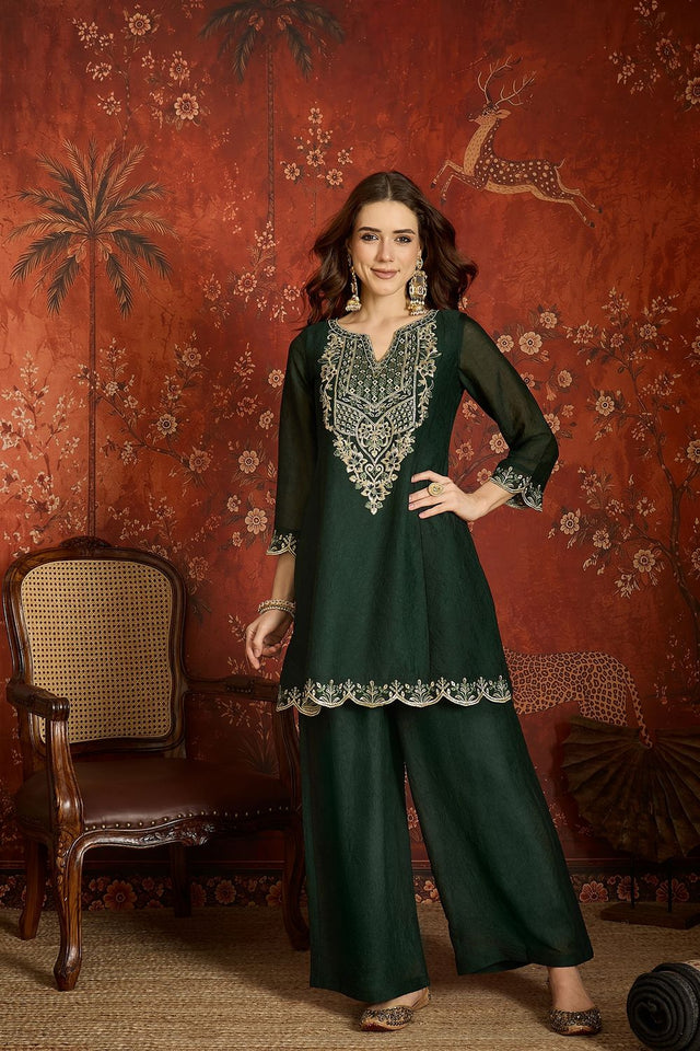 Green Floral Embroidered Silk Palazzo Suit (ACB1719)