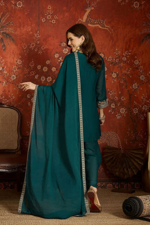 Turquoise Floral Embroidered Silk Palazzo Suit (ACB1720)