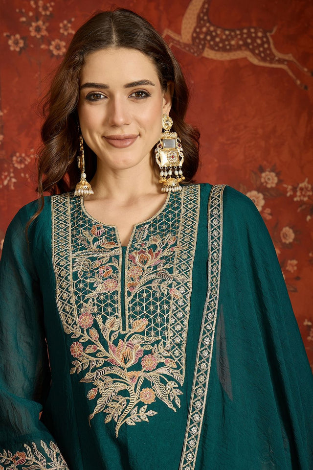 Turquoise Floral Embroidered Silk Palazzo Suit (ACB1720)