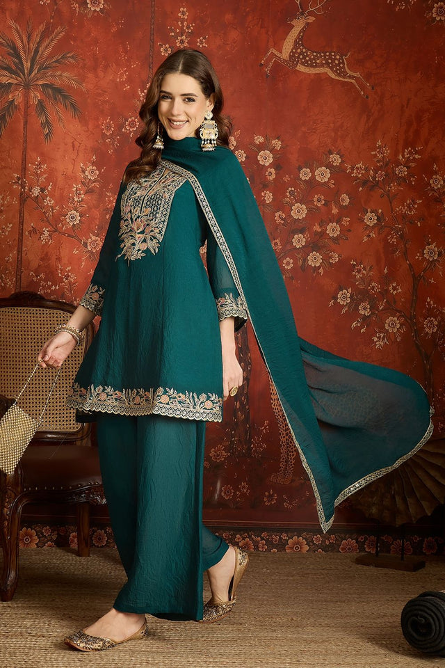 Turquoise Floral Embroidered Silk Palazzo Suit (ACB1720)