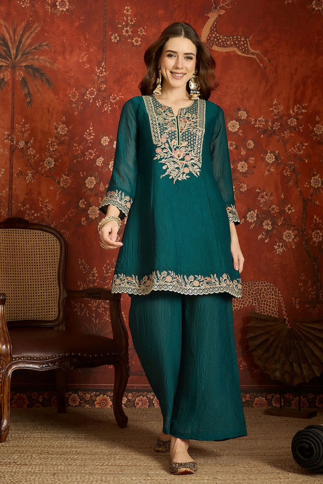 Turquoise Floral Embroidered Silk Palazzo Suit (ACB1720)