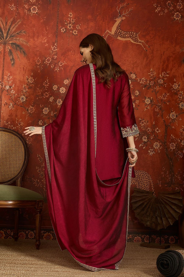 Maroon Floral Embroidered Silk Palazzo Suit (ACB1721)
