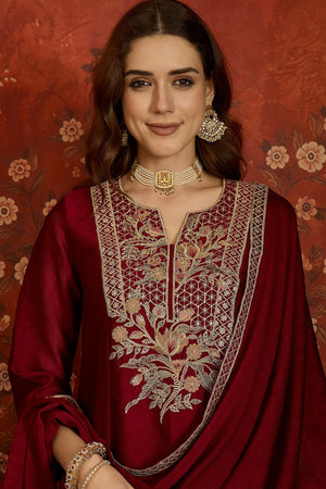 Maroon Floral Embroidered Silk Palazzo Suit (ACB1721)