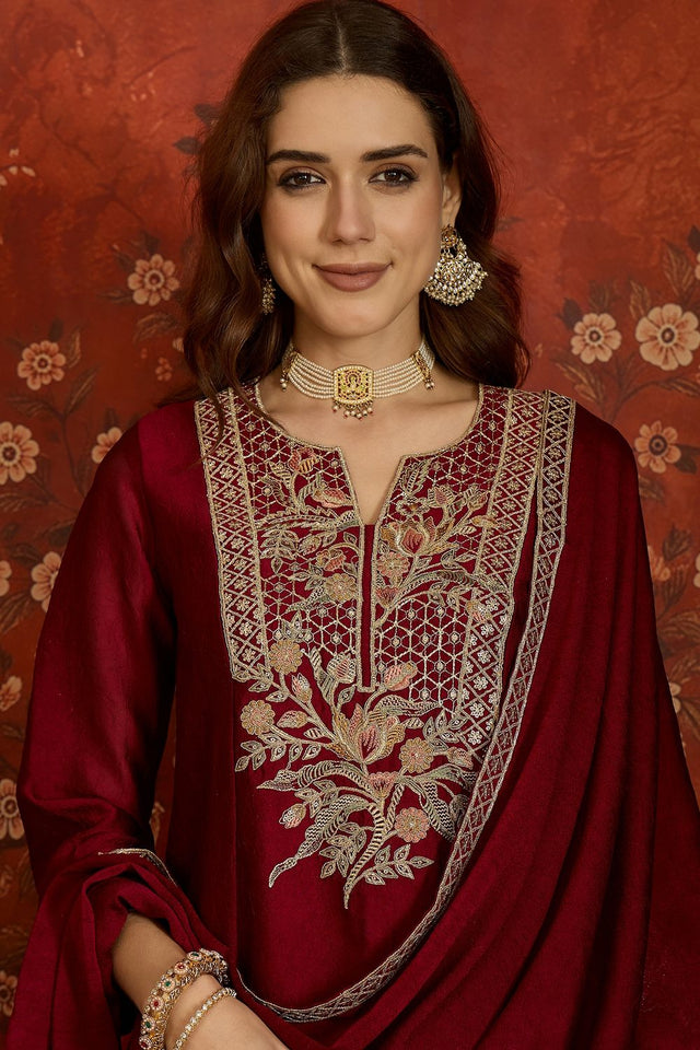 Maroon Floral Embroidered Silk Palazzo Suit (ACB1721)