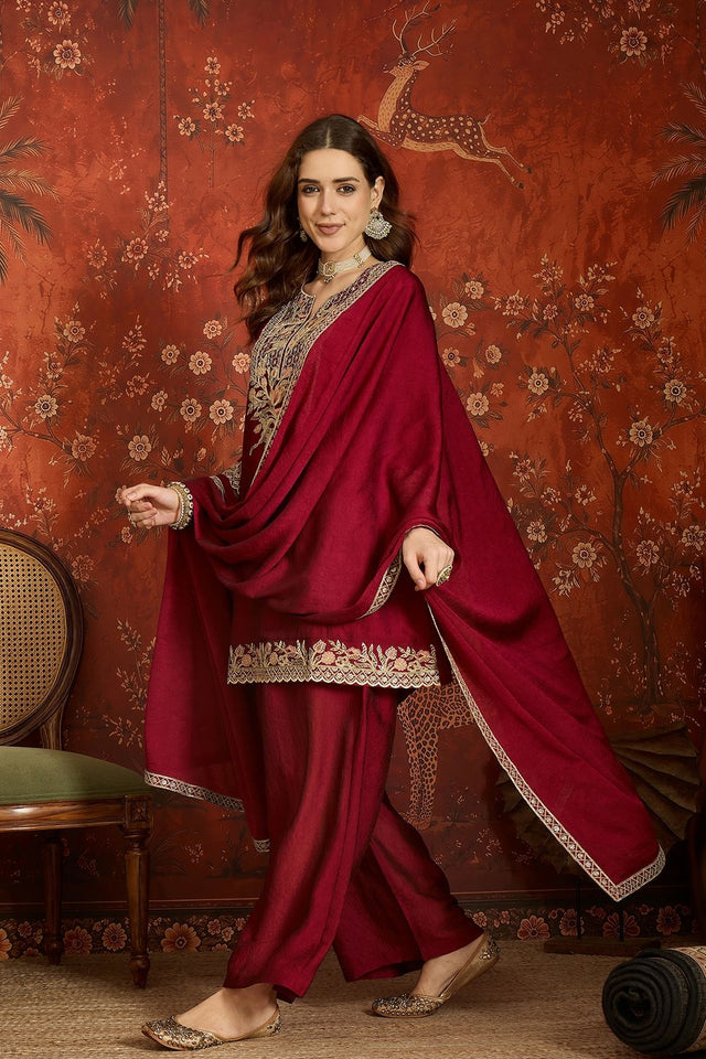 Maroon Floral Embroidered Silk Palazzo Suit (ACB1721)