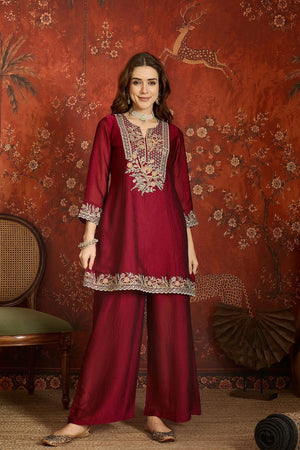 Maroon Floral Embroidered Silk Palazzo Suit (ACB1721)