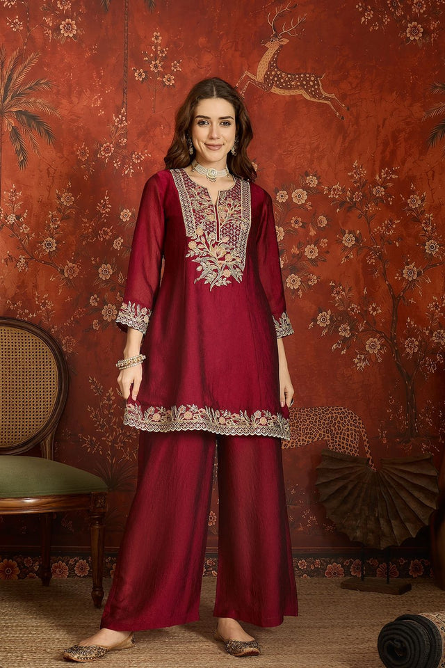 Maroon Floral Embroidered Silk Palazzo Suit (ACB1721)