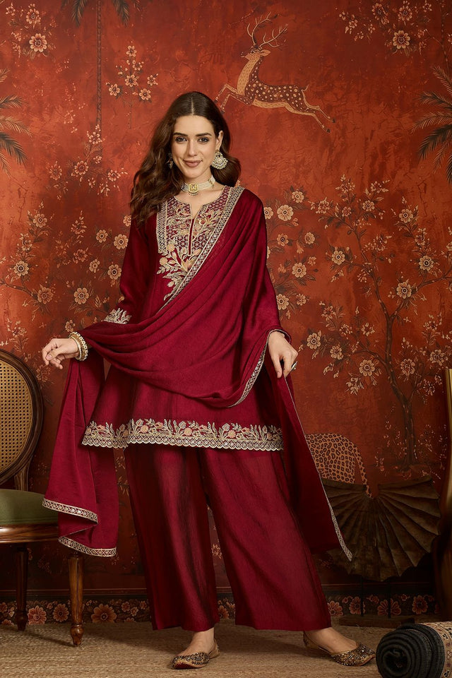 Maroon Floral Embroidered Silk Palazzo Suit (ACB1721)