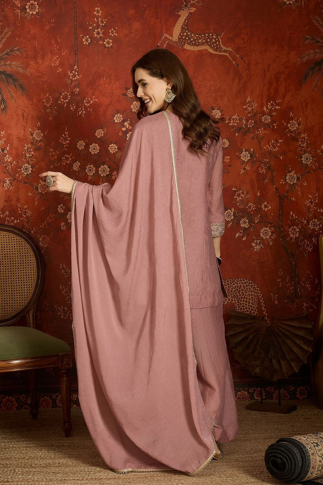 Mauve Mirror Sequin with Embroidered Silk Palazzo Suit (ACB1722)