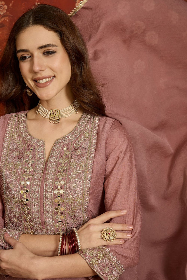Mauve Mirror Sequin with Embroidered Silk Palazzo Suit (ACB1722)