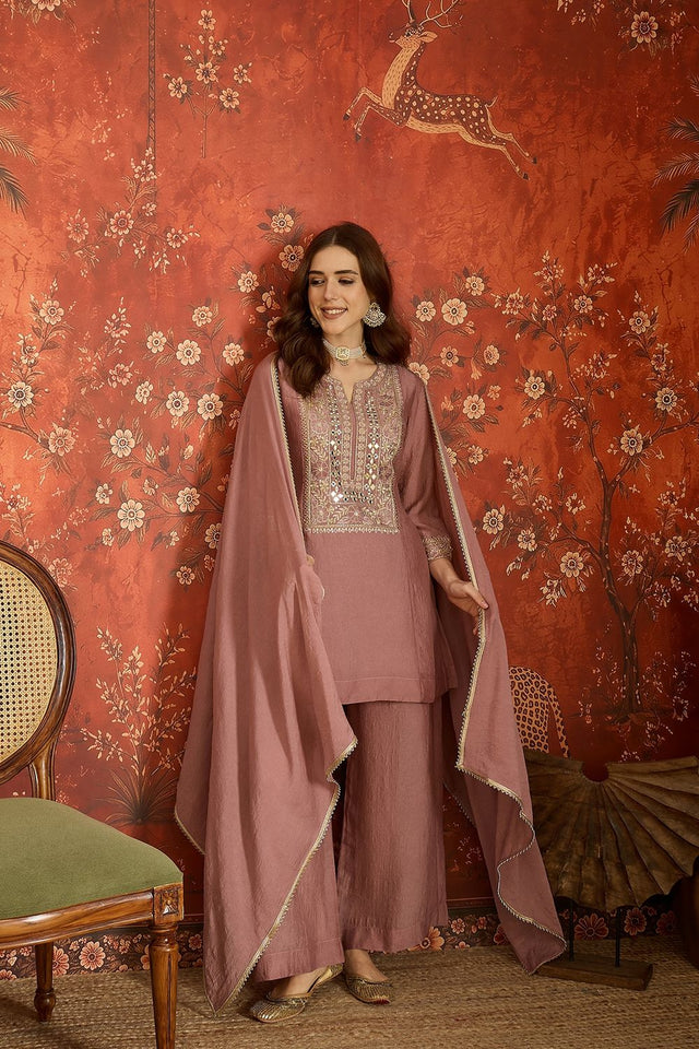 Mauve Mirror Sequin with Embroidered Silk Palazzo Suit (ACB1722)