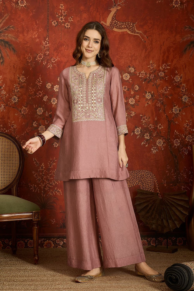Mauve Mirror Sequin with Embroidered Silk Palazzo Suit (ACB1722)