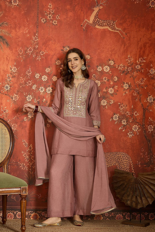 Mauve Mirror Sequin with Embroidered Silk Palazzo Suit (ACB1722)