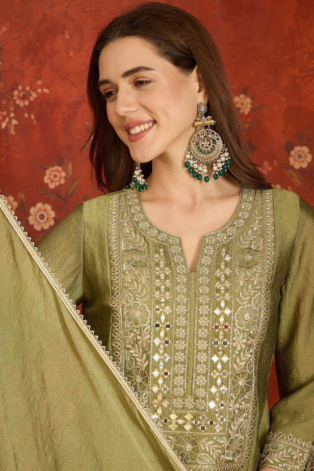 Green Mirror Sequin with Embroidered Silk Palazzo Suit (ACB1723)