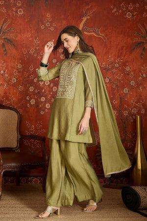 Green Mirror Sequin with Embroidered Silk Palazzo Suit (ACB1723)
