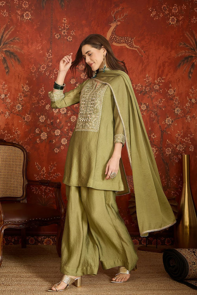 Green Mirror Sequin with Embroidered Silk Palazzo Suit (ACB1723)