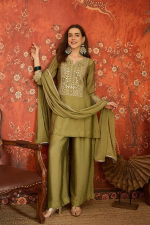 Green Mirror Sequin with Embroidered Silk Palazzo Suit (ACB1723)