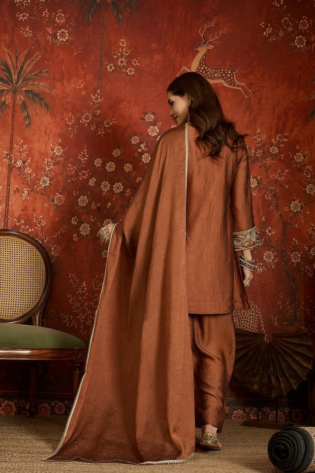Rust Mirror Sequin with Embroidered Silk Palazzo Suit (ACB1724)