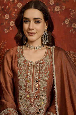 Rust Mirror Sequin with Embroidered Silk Palazzo Suit (ACB1724)