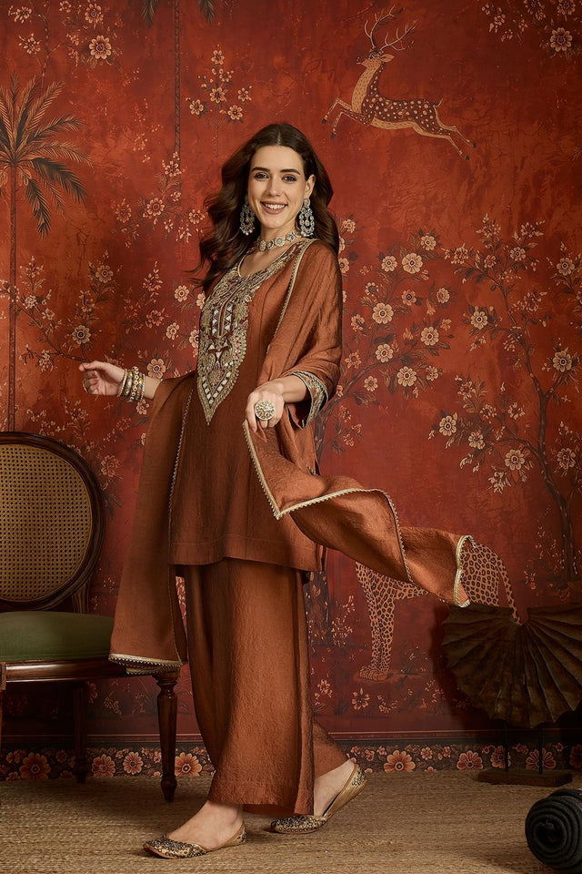 Rust Mirror Sequin with Embroidered Silk Palazzo Suit (ACB1724)