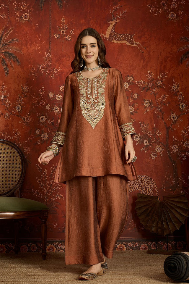 Rust Mirror Sequin with Embroidered Silk Palazzo Suit (ACB1724)