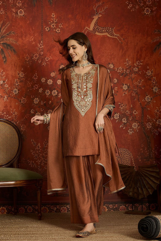 Rust Mirror Sequin with Embroidered Silk Palazzo Suit (ACB1724)