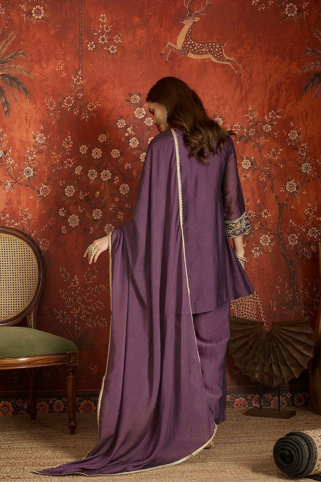 Purple Mirror Sequin with Embroidered Silk Palazzo Suit (ACB1725)