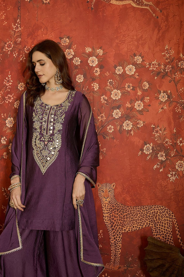 Purple Mirror Sequin with Embroidered Silk Palazzo Suit (ACB1725)