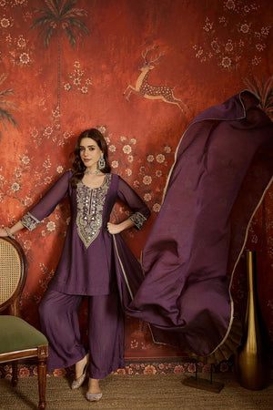 Purple Mirror Sequin with Embroidered Silk Palazzo Suit (ACB1725)