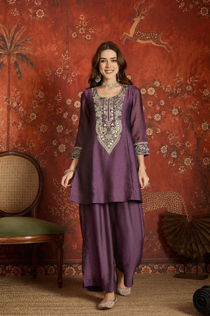 Purple Mirror Sequin with Embroidered Silk Palazzo Suit (ACB1725)